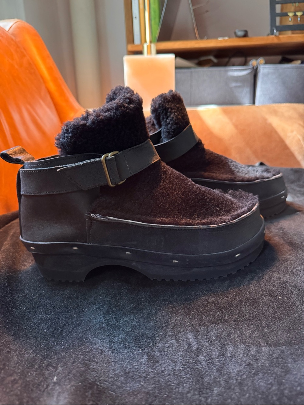 Rosa Mosa ZORA Leather Shearling Dark Clog Boots All Black winter fall designer